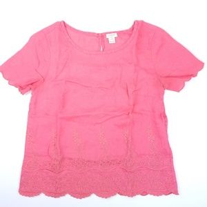 ✔JCrew Embroidered Pink Floral Short Sleeve Petite